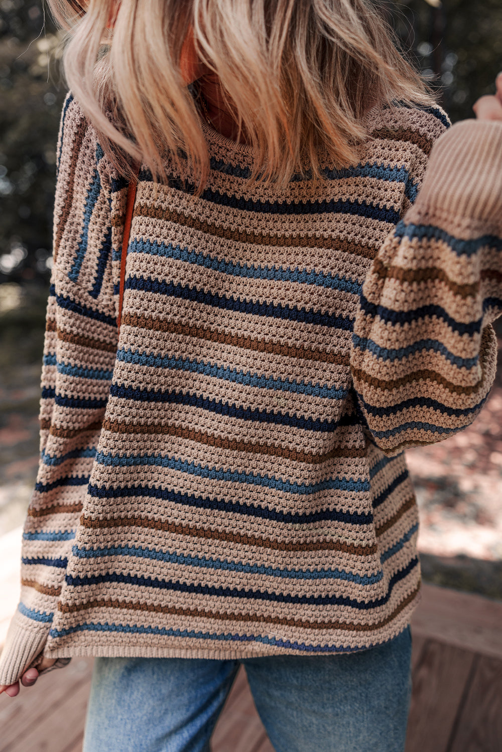 Multicolor Striped Knitted Drop Shoulder Round Neck Sweater