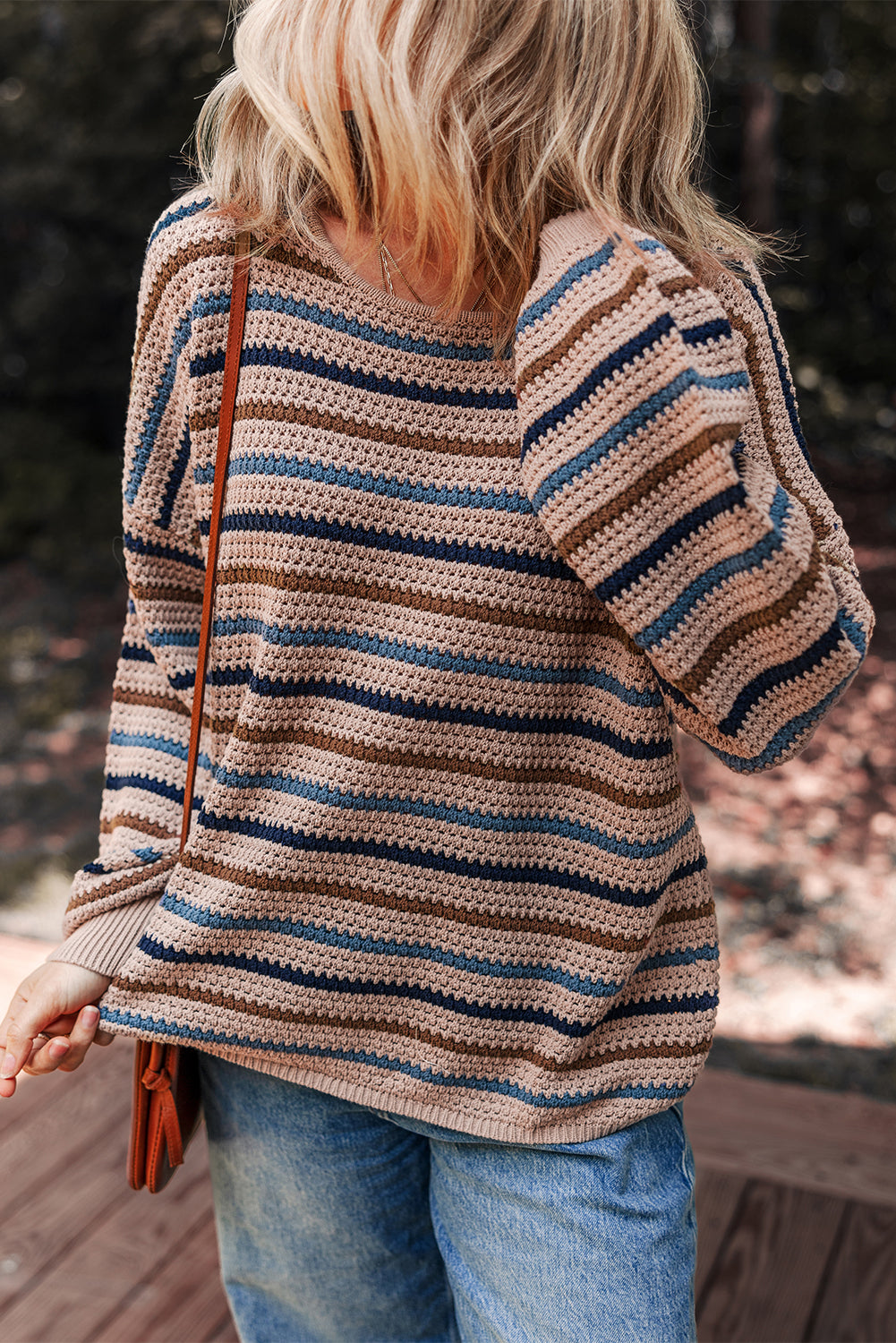 Multicolor Striped Knitted Drop Shoulder Round Neck Sweater