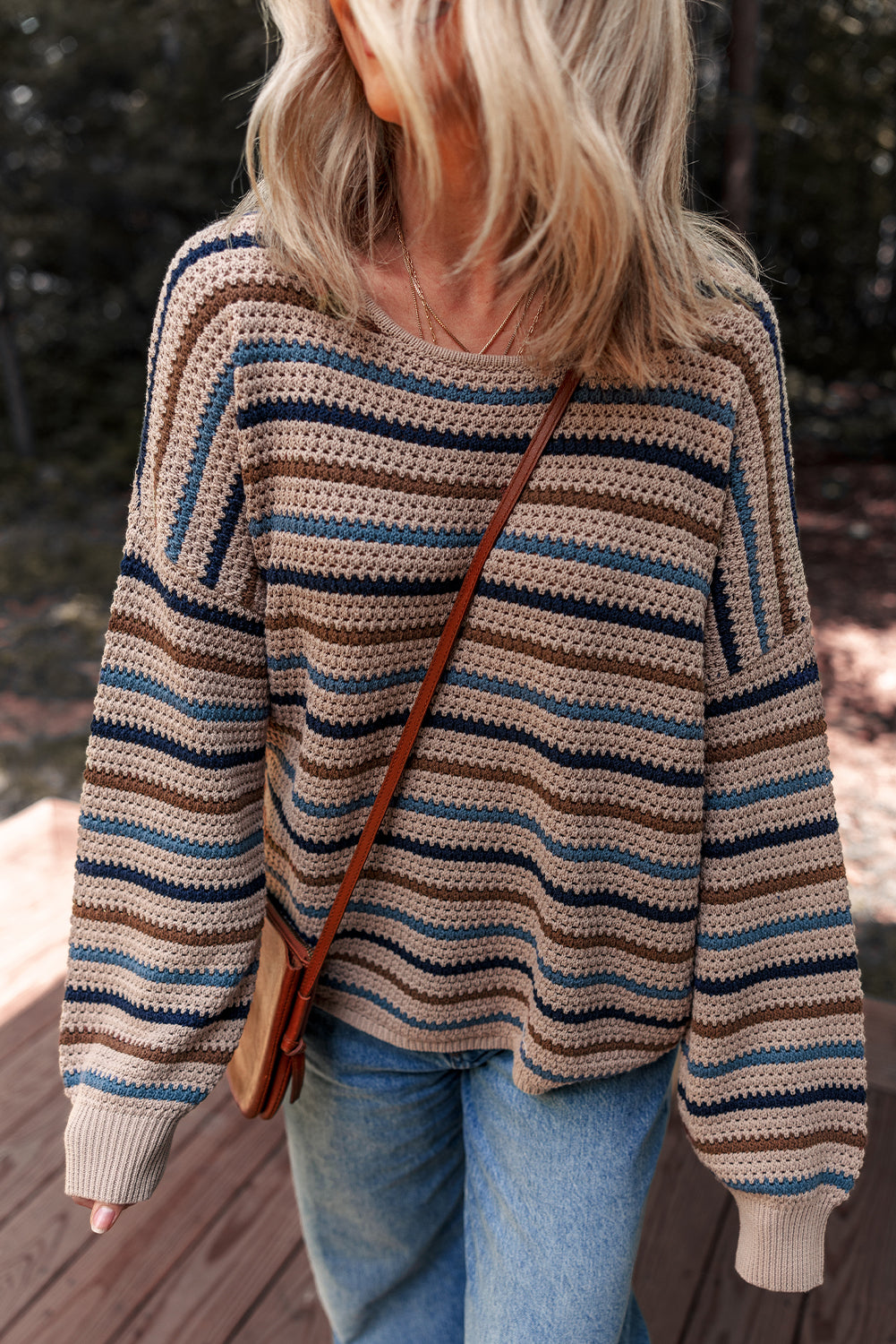 Multicolor Striped Knitted Drop Shoulder Round Neck Sweater
