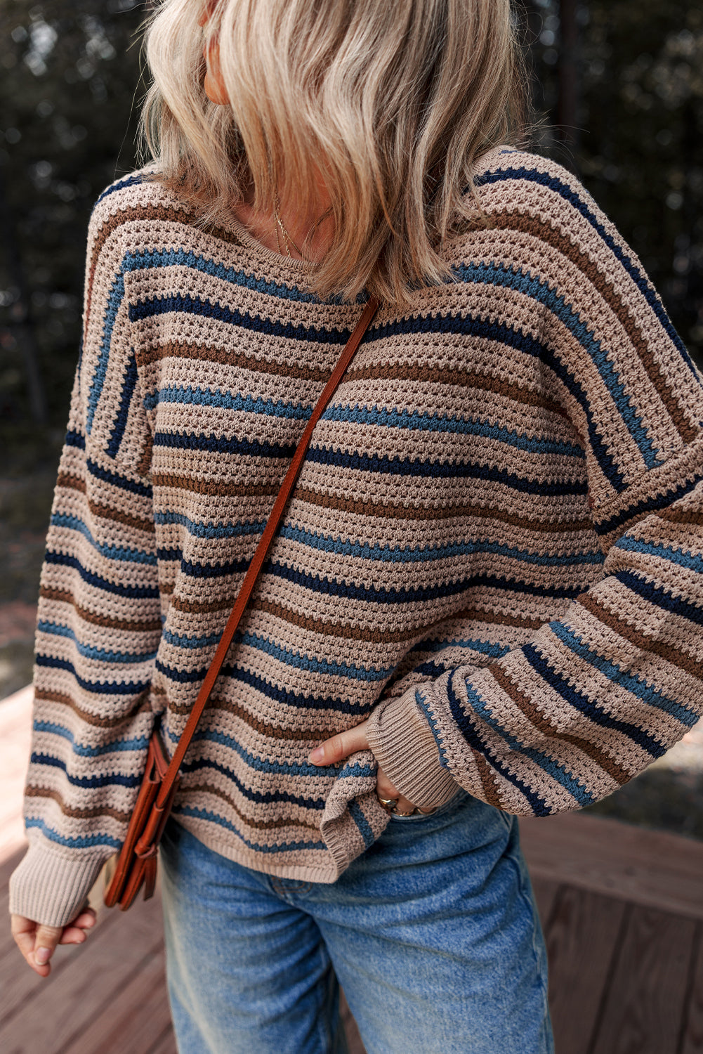 Multicolor Striped Knitted Drop Shoulder Round Neck Sweater