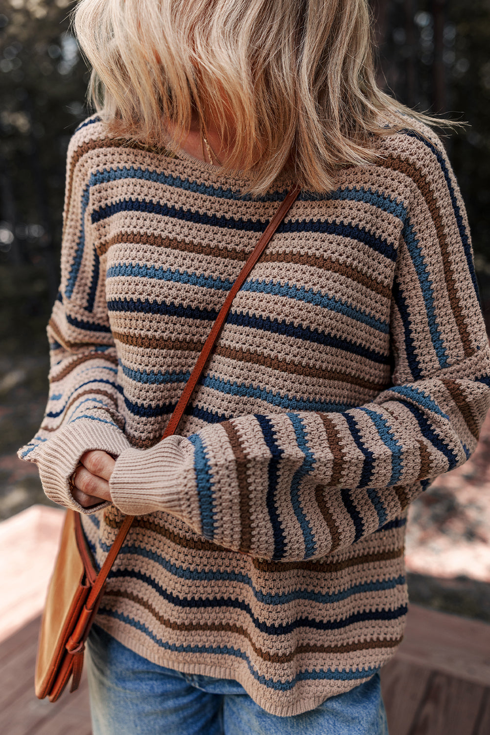 Multicolor Striped Knitted Drop Shoulder Round Neck Sweater
